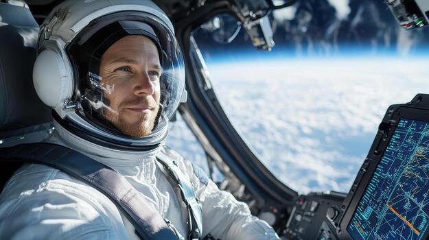 Astronaut in space looking at computer screen photo