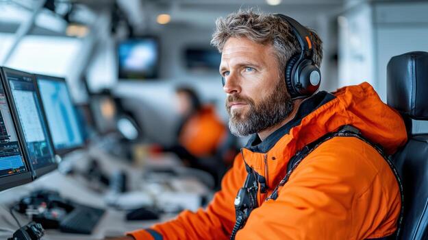 A man in an orange jacket is sitting at a computer photo