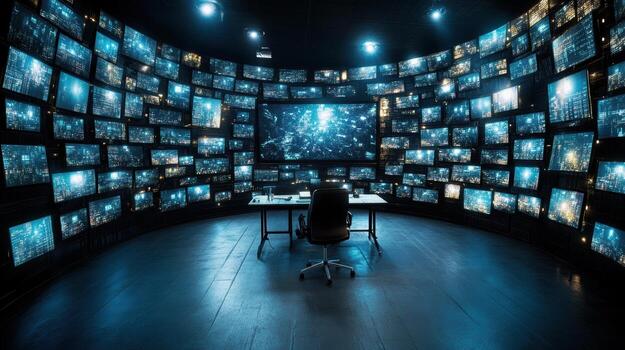 A man sitting at a table in front of a large screen photo