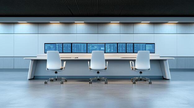 A room with three chairs and a computer screen photo