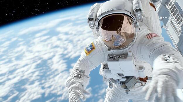 An astronaut in space with his hands outstretched photo