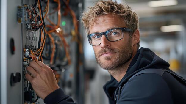 A man wearing glasses and a black jacket is working on a computer photo