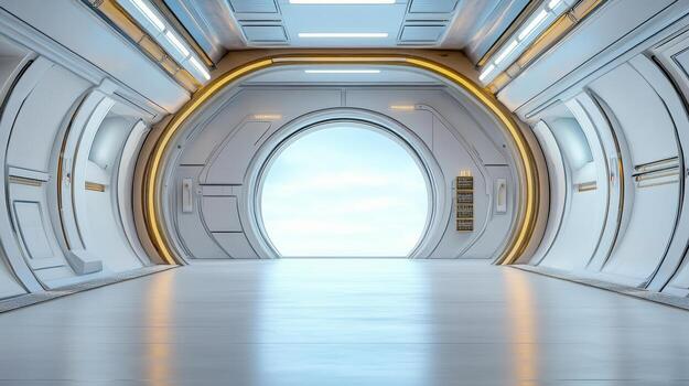 A futuristic looking room with a large open door photo