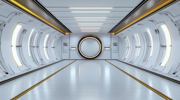 A white and yellow hallway with a circular window photo