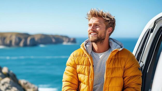 A man in a yellow jacket standing by the side of a car with the ocean in the background photo