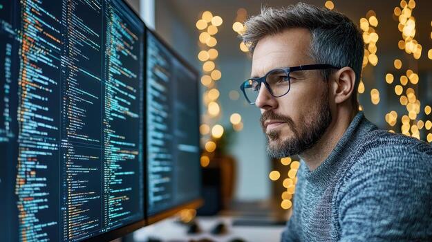 A man in glasses is looking at a computer screen with code on it photo