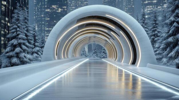 A long bridge with lights on it in the middle of a snowy city photo