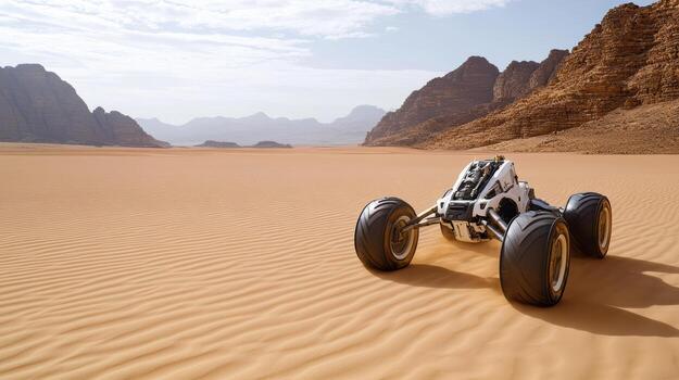 A robot vehicle is driving through the desert photo