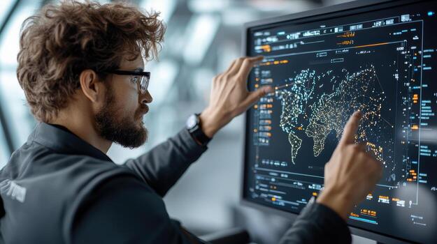 A man pointing at a computer screen with a map on it photo