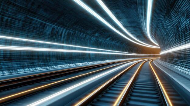 A train track going through a tunnel with light trails photo