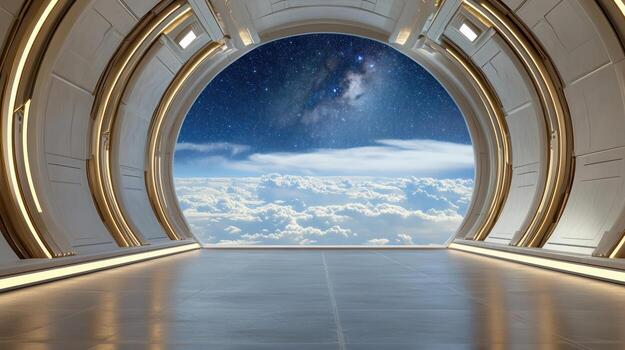 A futuristic looking room with a large window and a view of the sky photo