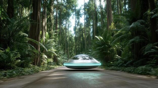 A futuristic spaceship is driving down a road in the forest photo