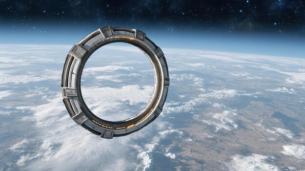 A ring in space with a space station in the background photo