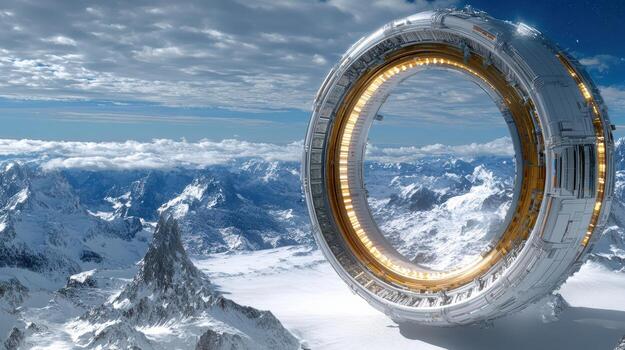 A futuristic spaceship in the middle of a snowy mountain photo