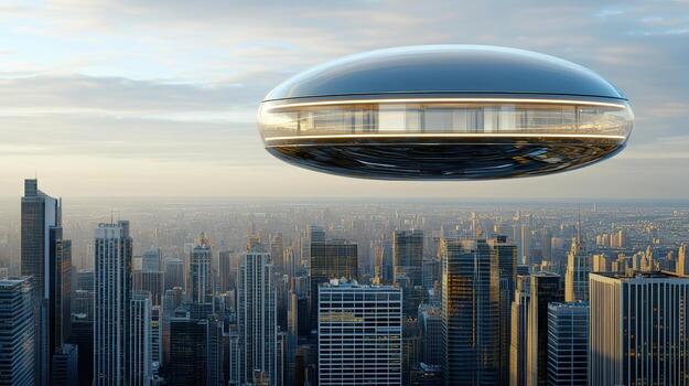 A futuristic flying object over a city photo