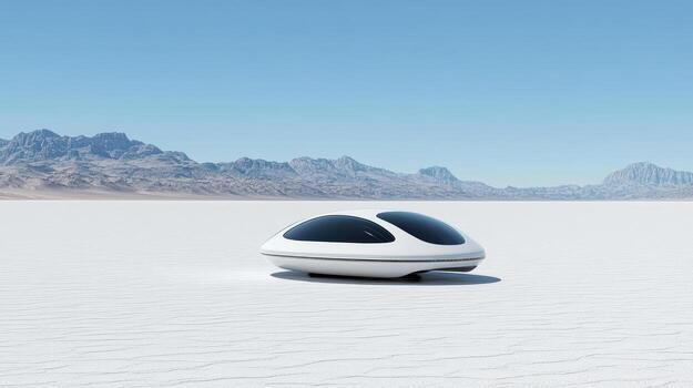 A futuristic vehicle sits in the middle of a desert photo