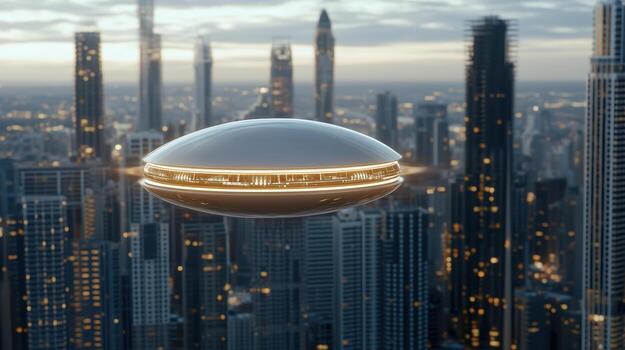 A futuristic flying object in the middle of a city photo