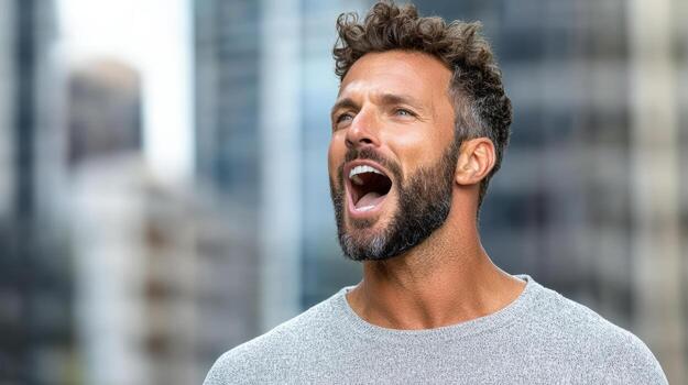 un hombre con un barba y un barba es gritos foto