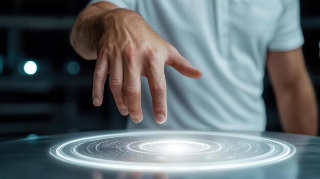 A person touching a circular object with a glowing circle photo