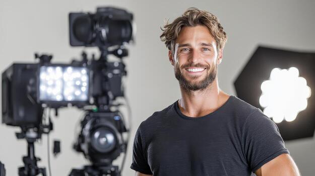 A man with a beard and a camera in front of a camera photo