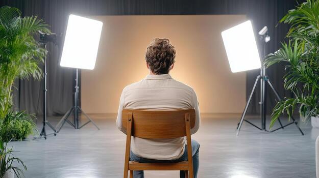 A man sitting in front of a green room with lights photo