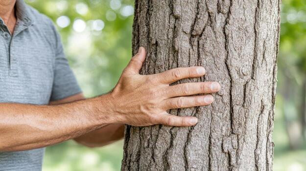 A man is touching a tree trunk with his hand photo