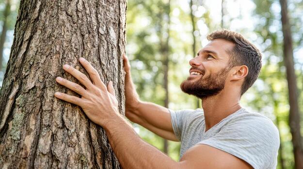 A man is touching a tree trunk photo