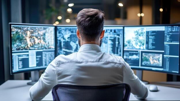 A man sitting at a desk with three monitors photo