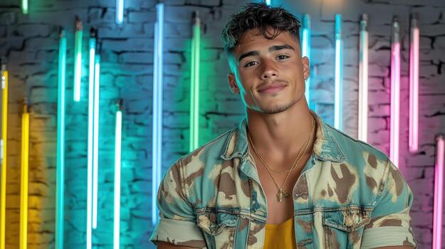 A man in a denim jacket standing in front of neon lights photo