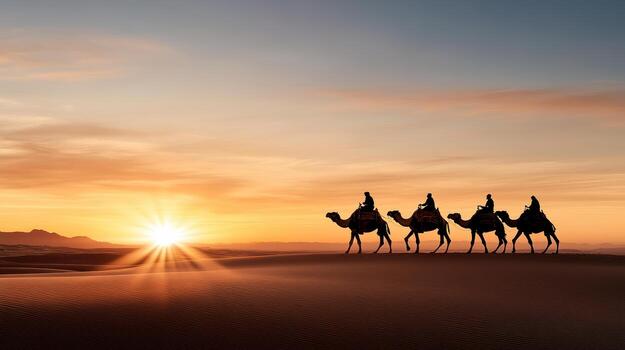 Three wise men on camels in the desert at sunset photo
