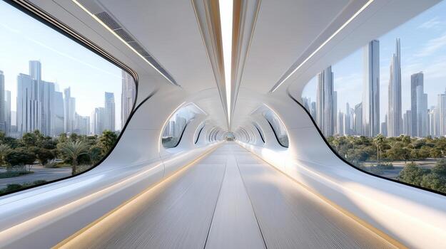 A futuristic train with windows and a city in the background photo