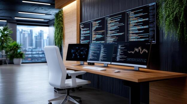 un escritorio con dos monitores y un silla foto