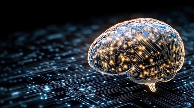 A brain on a circuit board with glowing lights photo