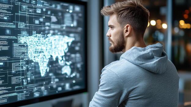 A man looking at a computer screen with a world map on it photo