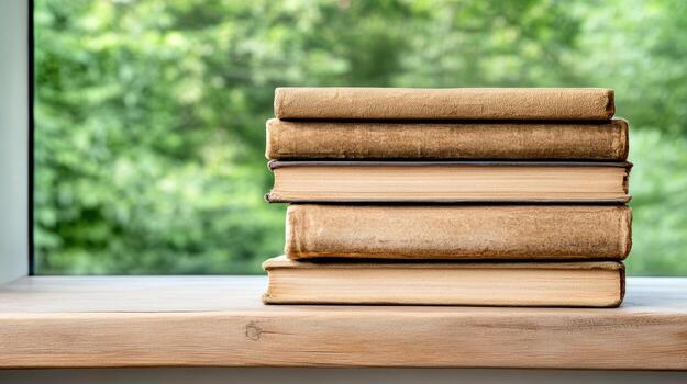 Stack of old books on window sill photo