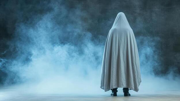A person in a white cloak standing in the smoke photo