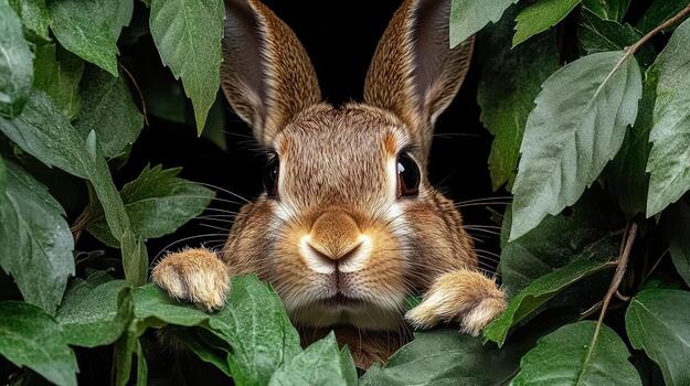 A rabbit peeking out from behind some leaves photo