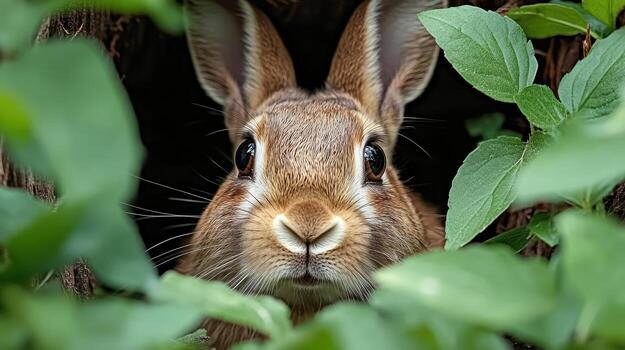 A rabbit peeking out from behind a bush photo