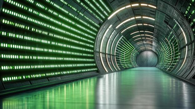 A long tunnel with green lights and a green light photo