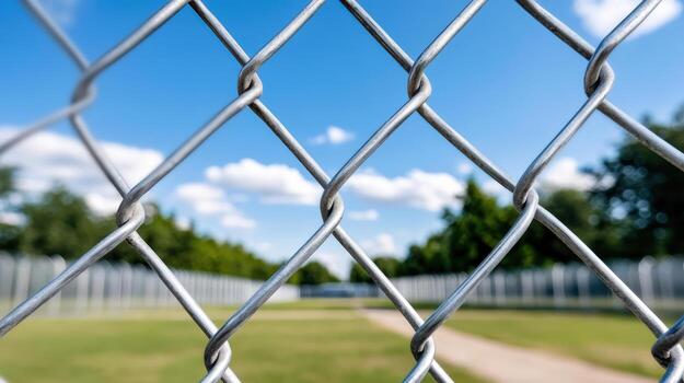 A chain link fence with a blue sky in the background photo
