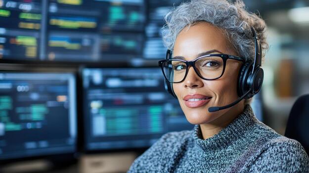 A woman wearing glasses and a headset in front of multiple computer screens photo