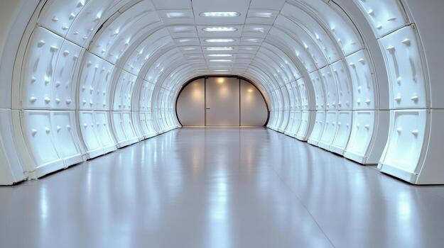 A long white tunnel with a light on the ceiling photo