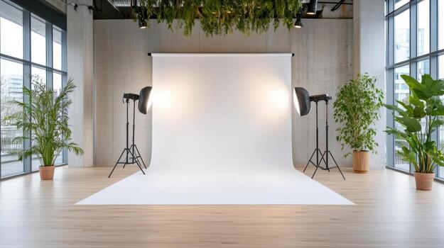 A photo studio with a white backdrop and plants