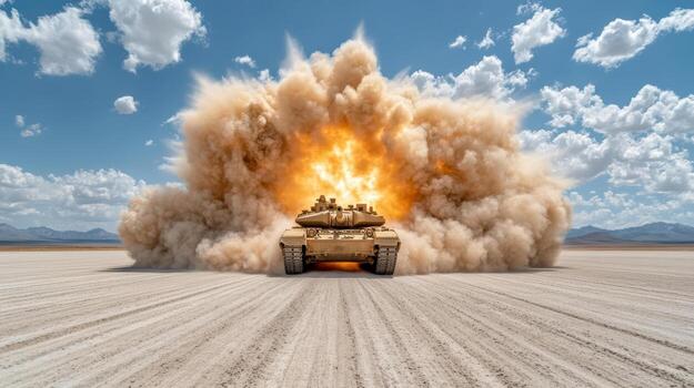 A tank is driving through a desert with a huge explosion photo