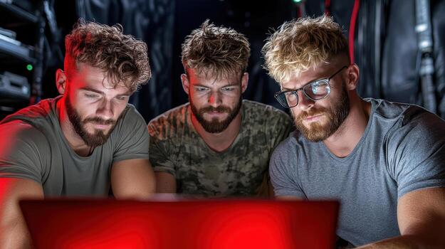 Three men looking at a laptop computer photo