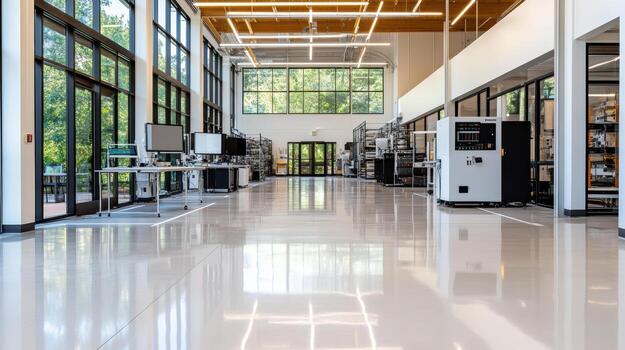A large room with lots of machines and windows photo