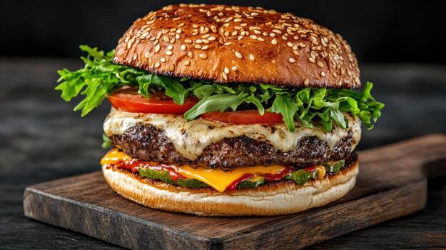 A large hamburger with cheese and lettuce on a wooden cutting board photo