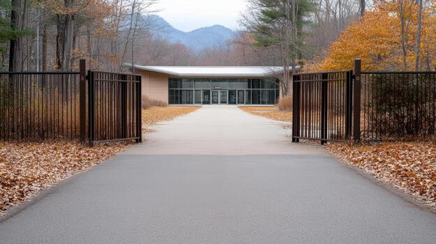 A pathway leading to a building with a gate photo