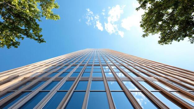 Tall building with blue sky and trees photo