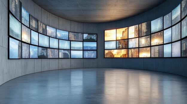 A large room with multiple television screens photo